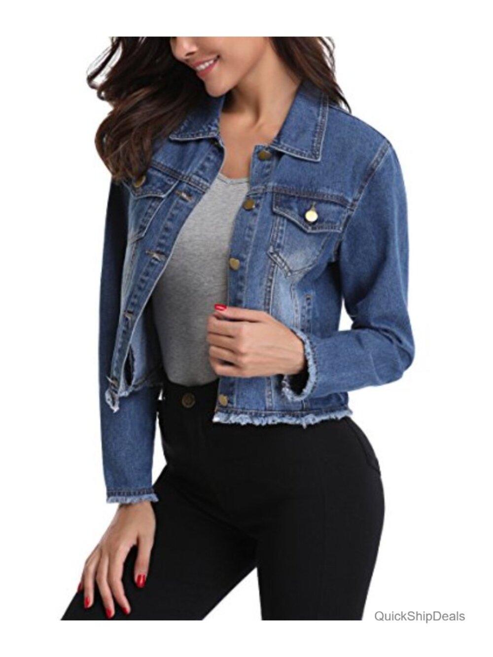 Frayed Washed Button Up Cropped Denim Jacket with 2 Side Pockets